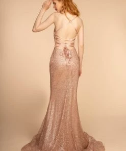 Long Sleeveless Glitter Dress With Corset Back By Elizabeth K GL2586 Prom