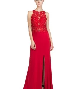 Starbox Long Sleeveless Illusion Dress With Applique Bodice By Star Box 6319