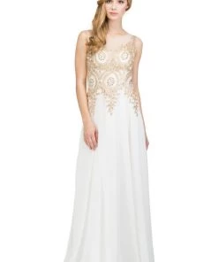 Starbox Prom Long Sleeveless Illusion Dress With Gold Lace Applique Bodice By Star Box 6311