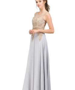 Starbox Prom Long Sleeveless Illusion Dress With Gold Lace Applique Bodice By Star Box 6311