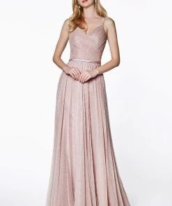Pleated Long Sleeveless Metallic Dress By Cinderella Divine CJ269