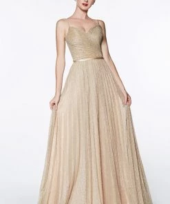 Pleated Long Sleeveless Metallic Dress By Cinderella Divine CJ269