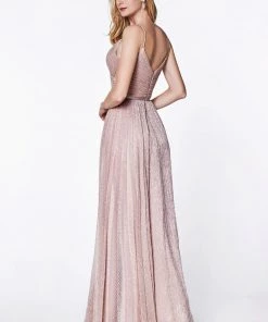 Pleated Long Sleeveless Metallic Dress By Cinderella Divine CJ269