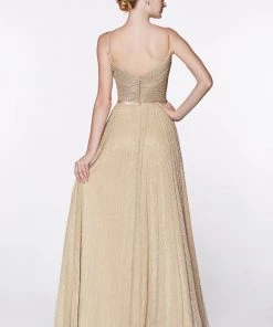 Pleated Long Sleeveless Metallic Dress By Cinderella Divine CJ269