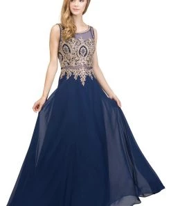 Starbox Prom Long Sleeveless Mock Two Piece Dress With Gold Appliques By Star Box 17289