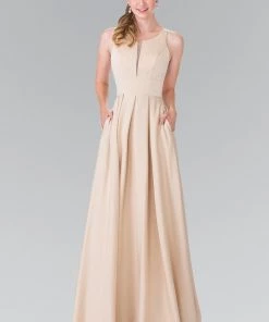 Long Sleeveless Pleated Dress With Sheer Panel By Elizabeth K GL2365