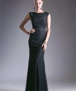 Long Sleeveless Beaded Lace Dress By Cinderella Divine KC1736