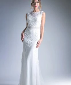 Long Sleeveless Beaded Lace Dress By Cinderella Divine KC1736