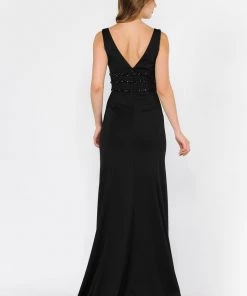 Long Sleeveless V-Neck Dress With Beaded Bands By Poly USA 8222