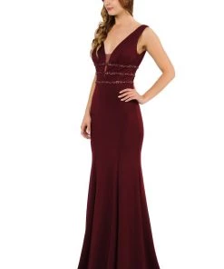 Long Sleeveless V-Neck Dress With Beaded Bands By Poly USA 8222