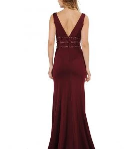 Long Sleeveless V-Neck Dress With Beaded Bands By Poly USA 8222