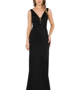 Long Sleeveless V-Neck Dress With Beaded Bands By Poly USA 8222