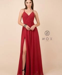 Long Sleeveless V-Neck Dress With Slit By Nox Anabel R275