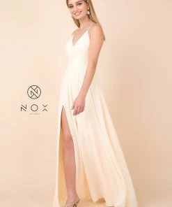 Long Sleeveless V-Neck Dress With Slit By Nox Anabel R275