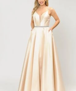 Prom Long Spaghetti Strap Dress With Deep Neckline By Poly USA 8672