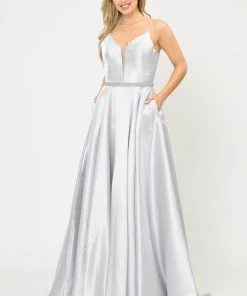 Prom Long Spaghetti Strap Dress With Deep Neckline By Poly USA 8672 42 Prom Long Spaghetti Strap Dress With Deep Neckline By Poly USA 8672