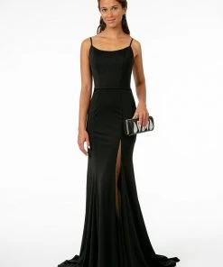 Long Square Neck Jersey Dress With Side Slit By Elizabeth K GL2670