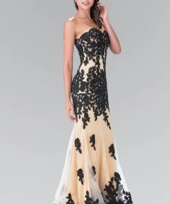 Long Strapless Dress With Beaded Floral Lace By Elizabeth K GL2005