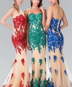 Long Strapless Dress With Beaded Floral Lace By Elizabeth K GL2005