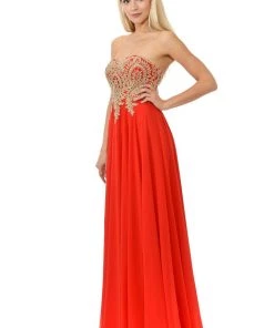 Long Strapless Dress With Beaded Lace Applique By Lenovia 8103