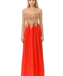 Long Strapless Dress With Beaded Lace Applique By Lenovia 8103