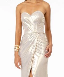 Long Strapless Faux Wrap Metallic Dress By Elizabeth K GL2894 Prom 22 Long Strapless Faux Wrap Metallic Dress By Elizabeth K GL2894 Prom