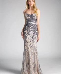 Sequin Long Strapless Fitted Dress By Cinderella Divine CD0112