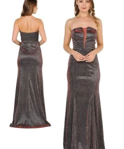 Long Strapless Metallic Glitter Dress By Poly USA 8490