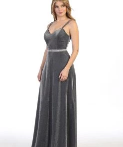 Long Sweetheart Metallic Dress With Pockets By Celavie 6502L Prom
