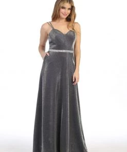 Long Sweetheart Metallic Dress With Pockets By Celavie 6502L Prom