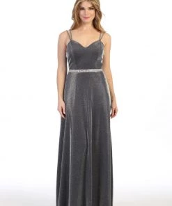 Long Sweetheart Metallic Dress With Pockets By Celavie 6502L Prom