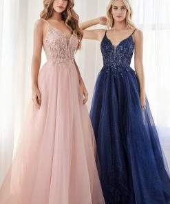 Beaded Long Tulle Dress By Cinderella Divine CD0154 Prom