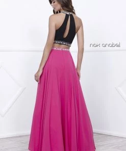 Long Two-Piece Beaded Halter Crop Top Dress By Nox Anabel 8214