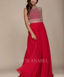 Prom Long Two-Piece Dress With Beaded Crop Top By Nox Anabel G095 10 Prom Long Two-Piece Dress With Beaded Crop Top By Nox Anabel G095