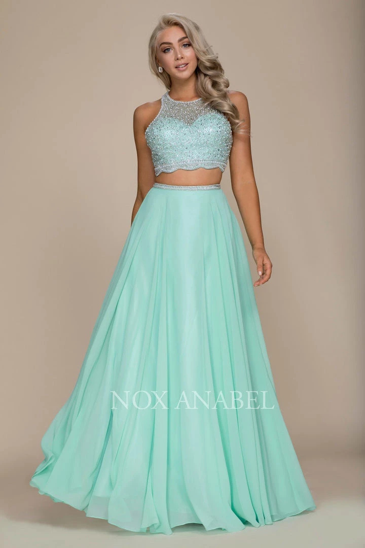 Prom Long Two-Piece Dress With Beaded Crop Top By Nox Anabel G095 3 Prom Long Two-Piece Dress With Beaded Crop Top By Nox Anabel G095