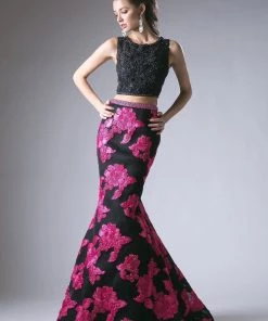 Floral Print Long Two Piece Dress By Cinderella Divine 8948
