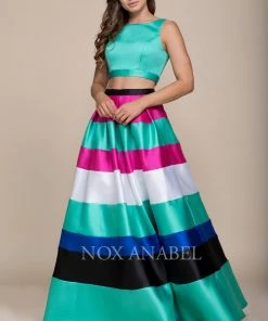 Long Two-Piece Dress With Multi-Color Striped Skirt By Nox Anabel 8335 Prom