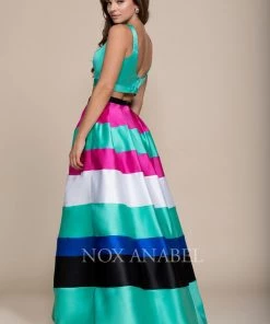 Long Two-Piece Dress With Multi-Color Striped Skirt By Nox Anabel 8335 Prom