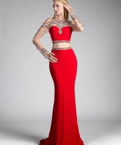 Long Two-Piece Dress With Sheer Sleeves By Cinderella Divine 71486 Prom