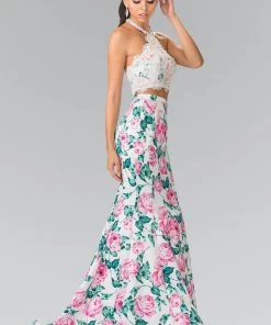 Prom Long Two-Piece Floral Print Halter Dress By Elizabeth K GL2259