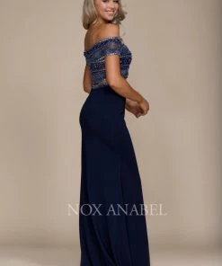 Long Two-Piece Off The Shoulder Navy Dress By Nox Anabel C082 Prom