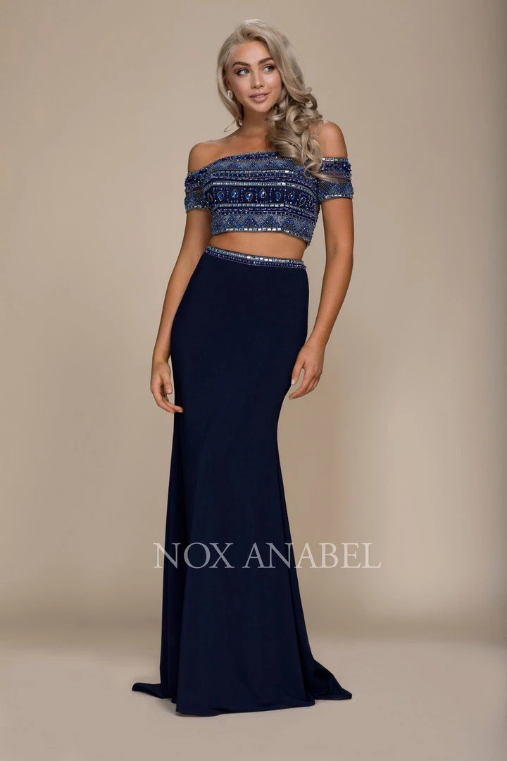 Long Two-Piece Off The Shoulder Navy Dress By Nox Anabel C082 Prom 3 Long Two-Piece Off The Shoulder Navy Dress By Nox Anabel C082 Prom
