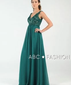 Long V-Neck Chiffon Dress With Lace Appliques By Poly USA 8012 Prom 25 Long V-Neck Chiffon Dress With Lace Appliques By Poly USA 8012 Prom