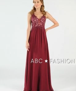 Long V-Neck Chiffon Dress With Lace Appliques By Poly USA 8012 Prom