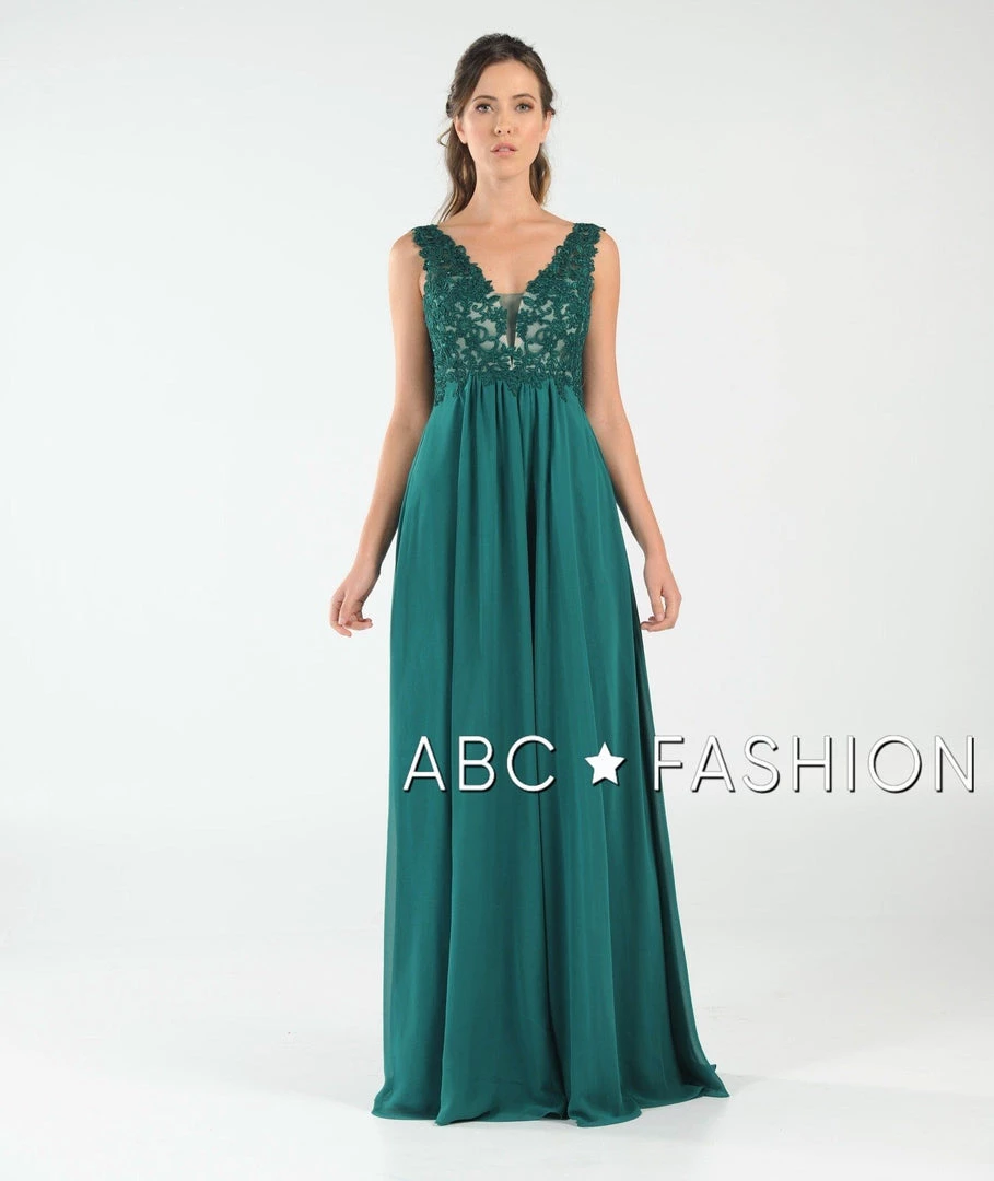Long V-Neck Chiffon Dress With Lace Appliques By Poly USA 8012 Prom 6 Long V-Neck Chiffon Dress With Lace Appliques By Poly USA 8012 Prom