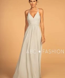 Long V-Neck Chiffon Dress With Pleated Bodice By Elizabeth K GL2609 Prom