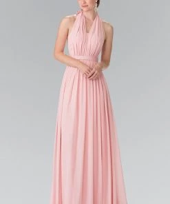 Long V-Neck Chiffon Halter Dress By Elizabeth K GL2362