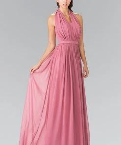 Long V-Neck Chiffon Halter Dress By Elizabeth K GL2362