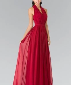 Long V-Neck Chiffon Halter Dress By Elizabeth K GL2362