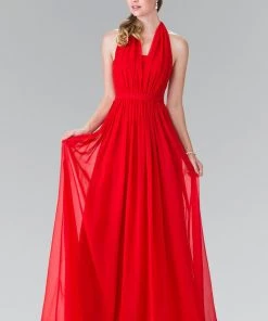 Long V-Neck Chiffon Halter Dress By Elizabeth K GL2362